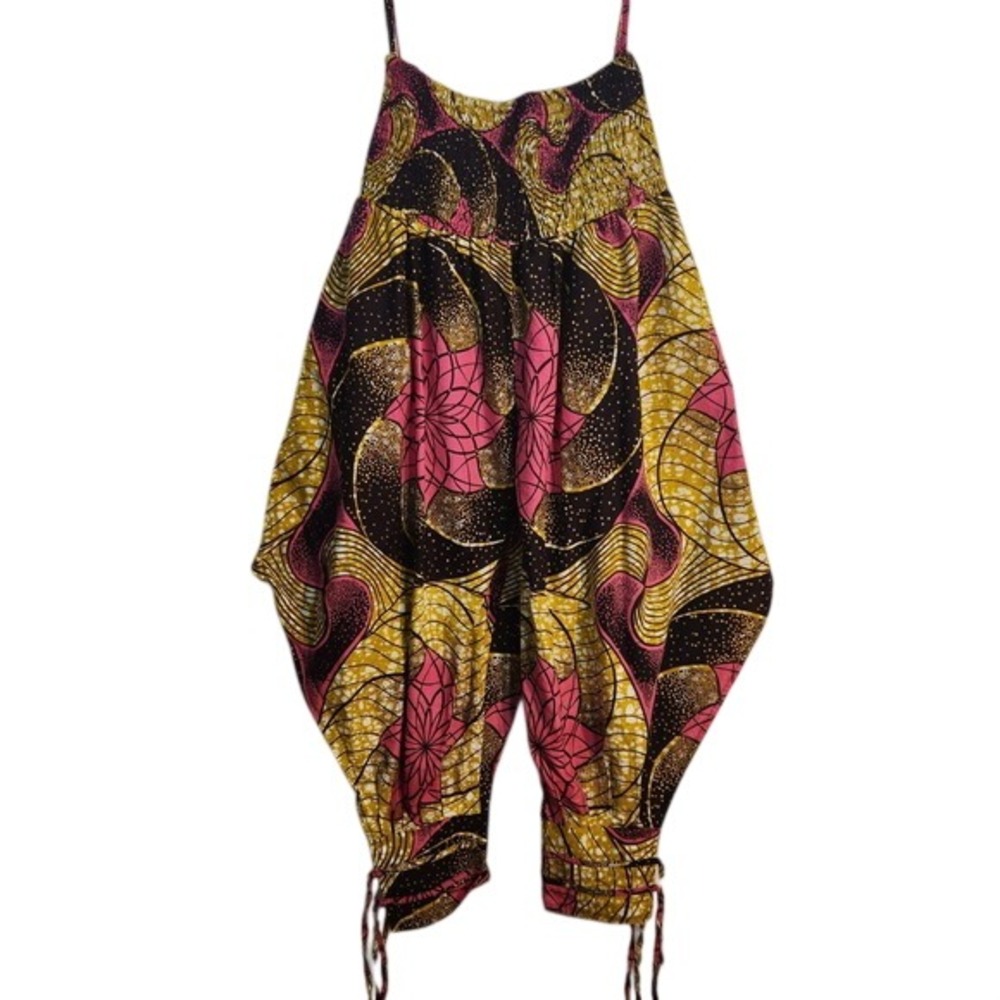 African Wax Print Harem Pants Smocked Waist Tie Ankle Boho Genie OS 100% Cotton - Picture 3 of 13
